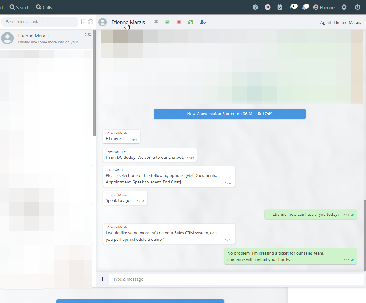 The agent clicks on the customer's name to open the customer in the Contacts module