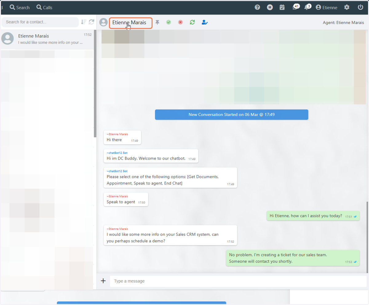 The agent clicks on the customer's name to open the customer in the Contacts module