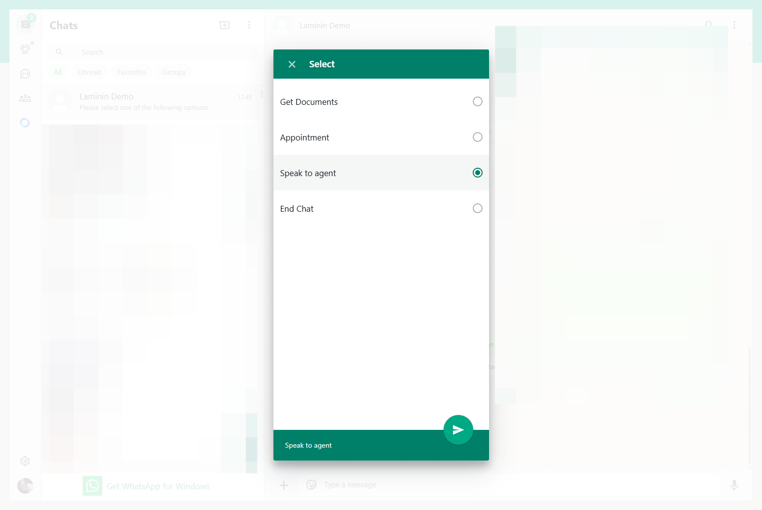 In this example the customer is service by a chatbot and later taken to a menu, the customer opts to speak to an agent.