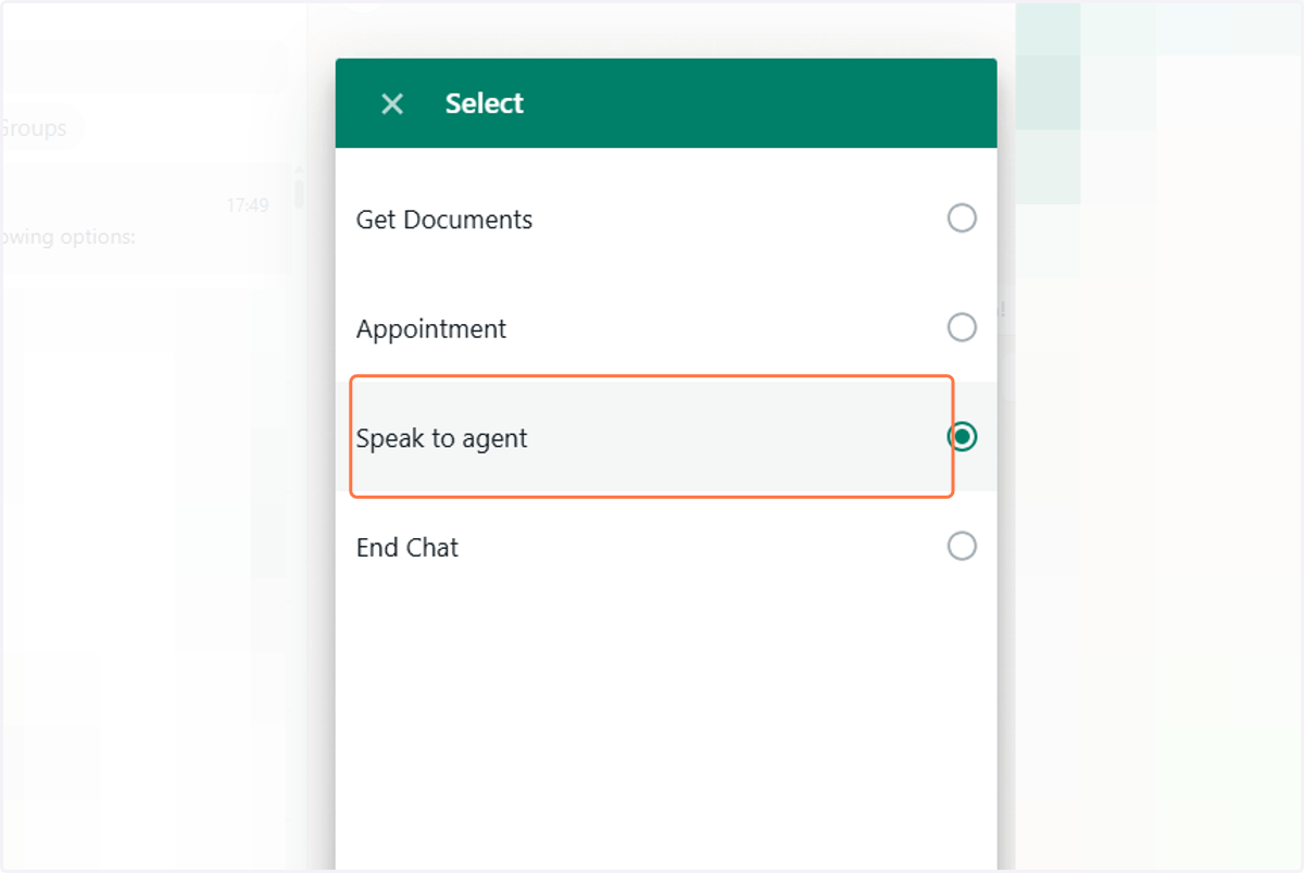 In this example the customer is service by a chatbot and later taken to a menu, the customer opts to speak to an agent.