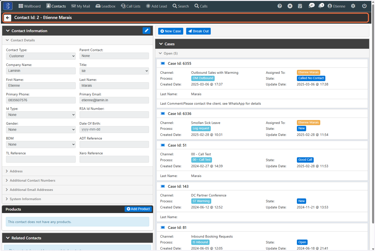 This opens the customer in the Contacts module