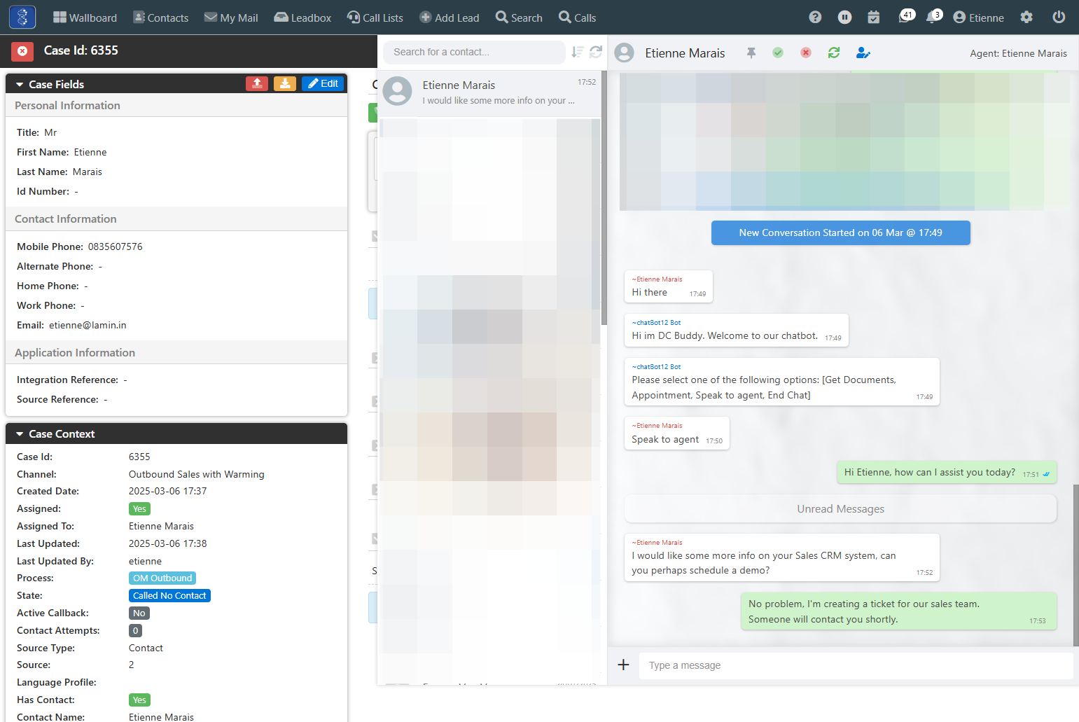 The agent replies from Laminin with a confirmation of the request and that a ticket will be created.