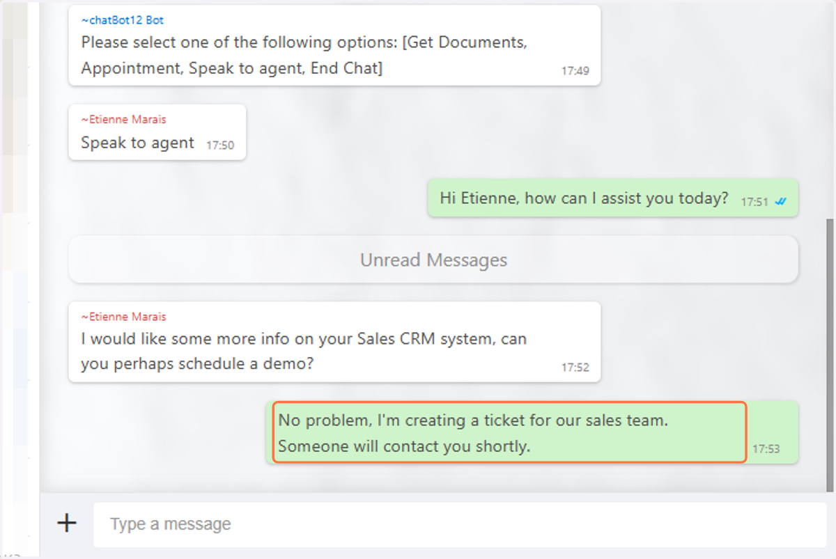 The agent replies from Laminin with a confirmation of the request and that a ticket will be created.