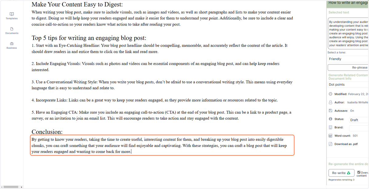 Your selected content will automatically write over the top of itself with the re-phrased text