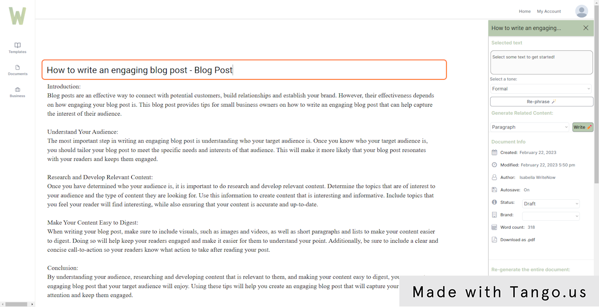 Your blog post will appear in the Document Editor. You can change the title of the document by clicking the topmost text