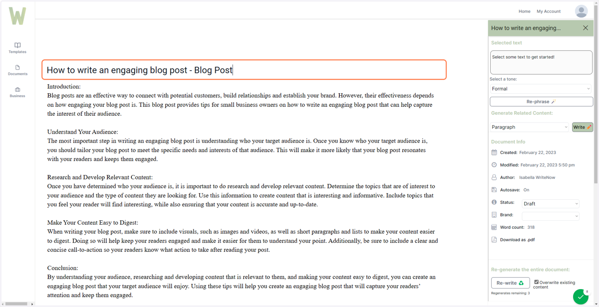 Your blog post will appear in the Document Editor. You can change the title of the document by clicking the topmost text