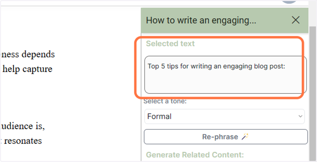 You'll see your selected text highlighted in the top right hand corner of the screen
