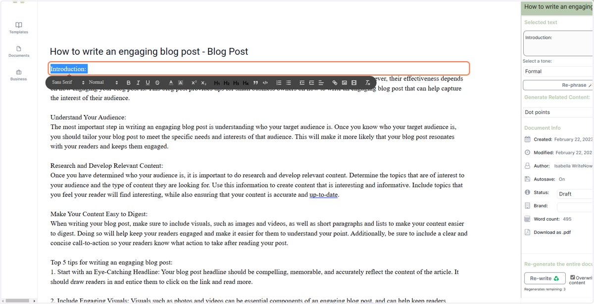 You can format your headings by highlighting them and selecting options using the pop-up format bar