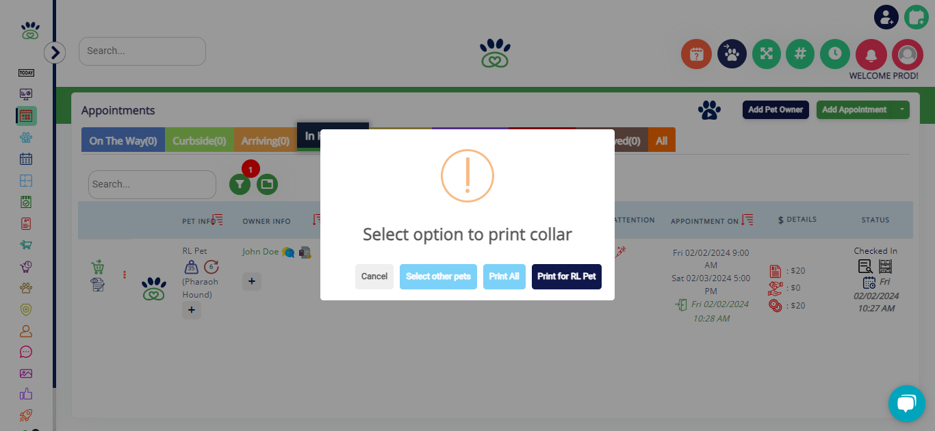 Select the desired printing option: "Select other pets," "Print All," or "Print for Selected Pet."