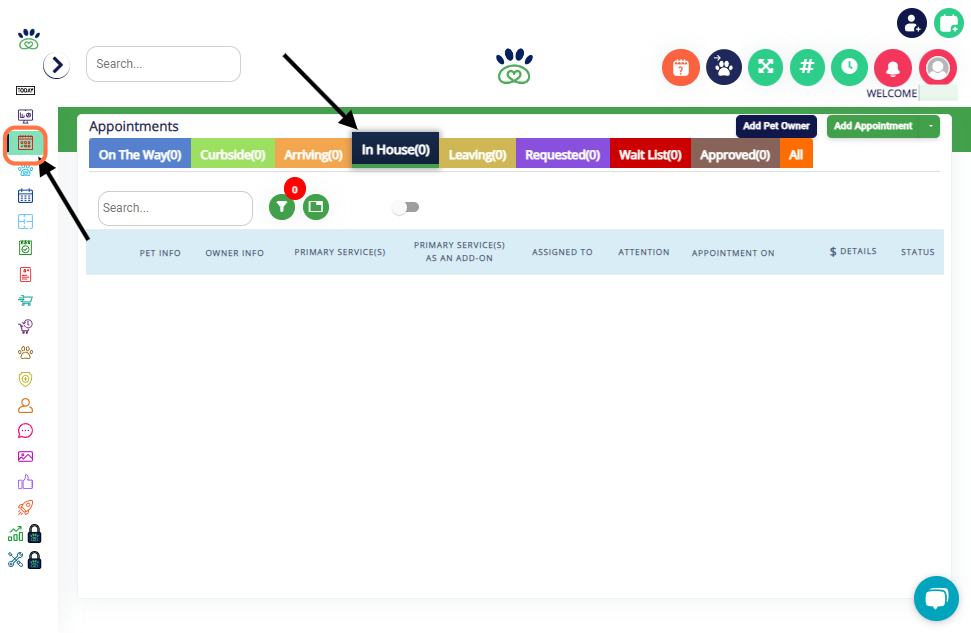 Navigating to the Appointment Menu and Click on "In House"