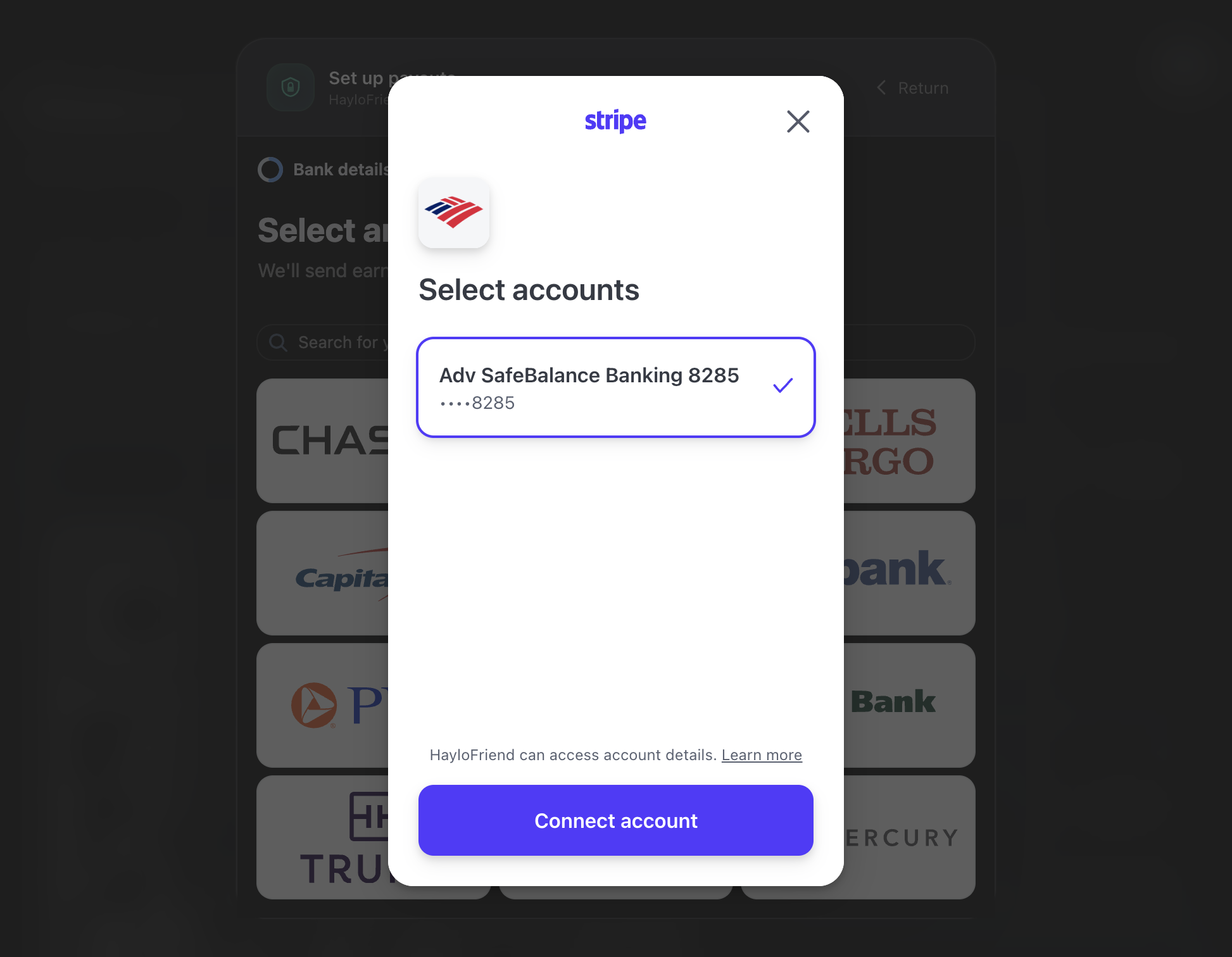 Click on the bank account you want to receive payment.