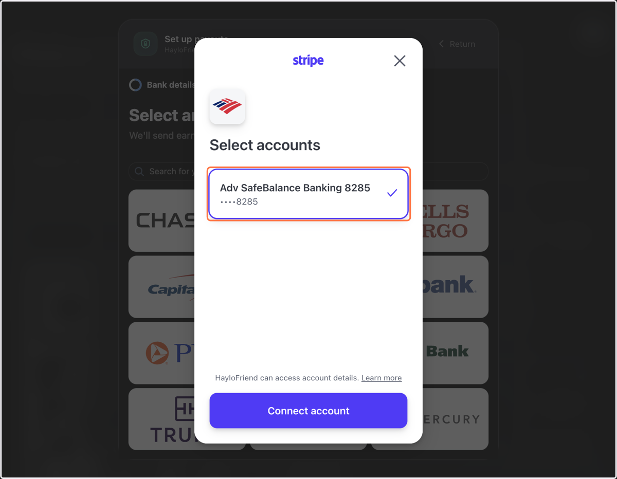 Click on the bank account you want to receive payment.