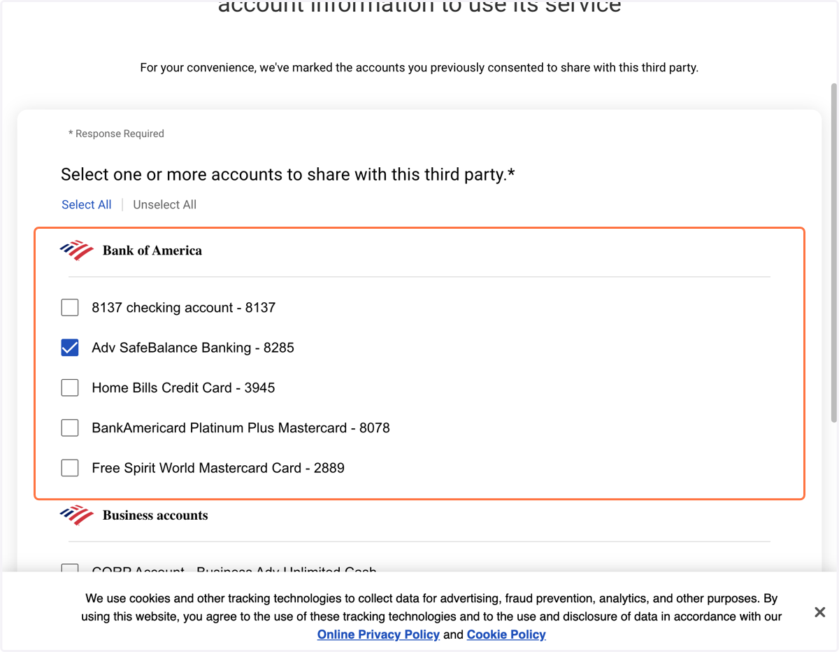 Select one or more accounts to share