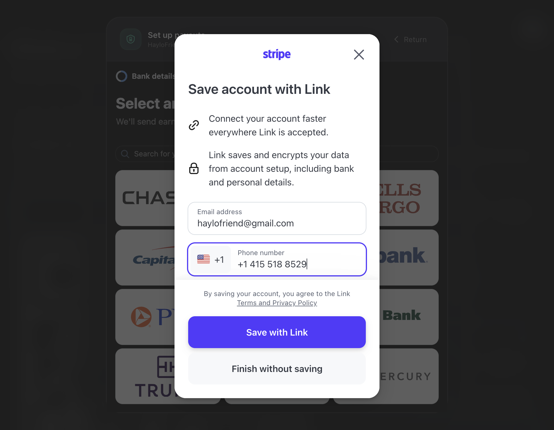 Confirm your email and phone number. Click "Save with Link"