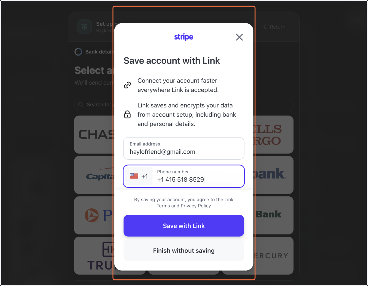 Confirm your email and phone number. Click "Save with Link"