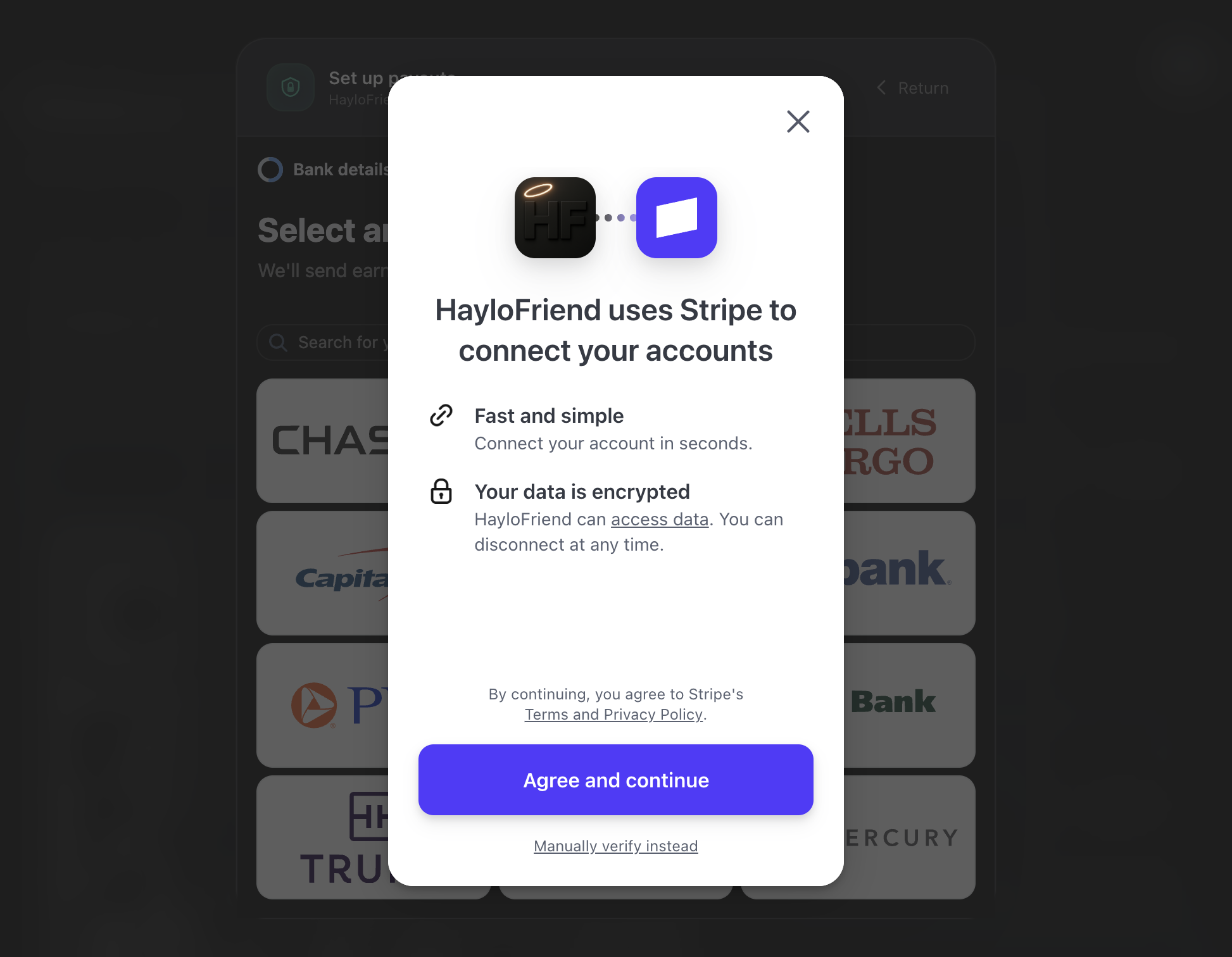 To link your payout to your bank account, click on Agree and continue.