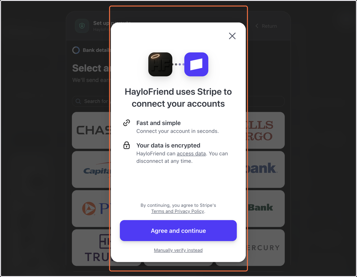 To link your payout to your bank account, click on Agree and continue.