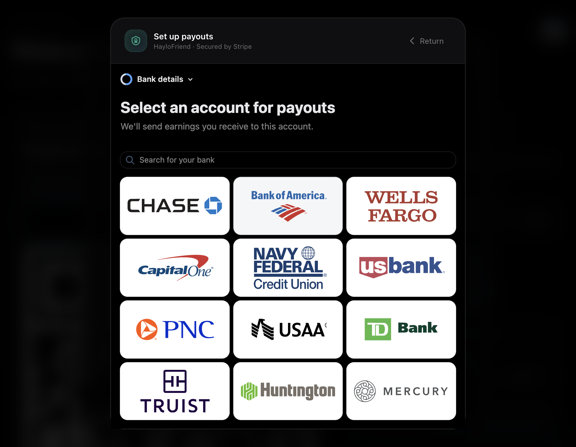 Choose your payout bank method