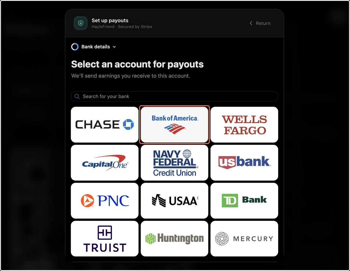 Choose your payout bank method