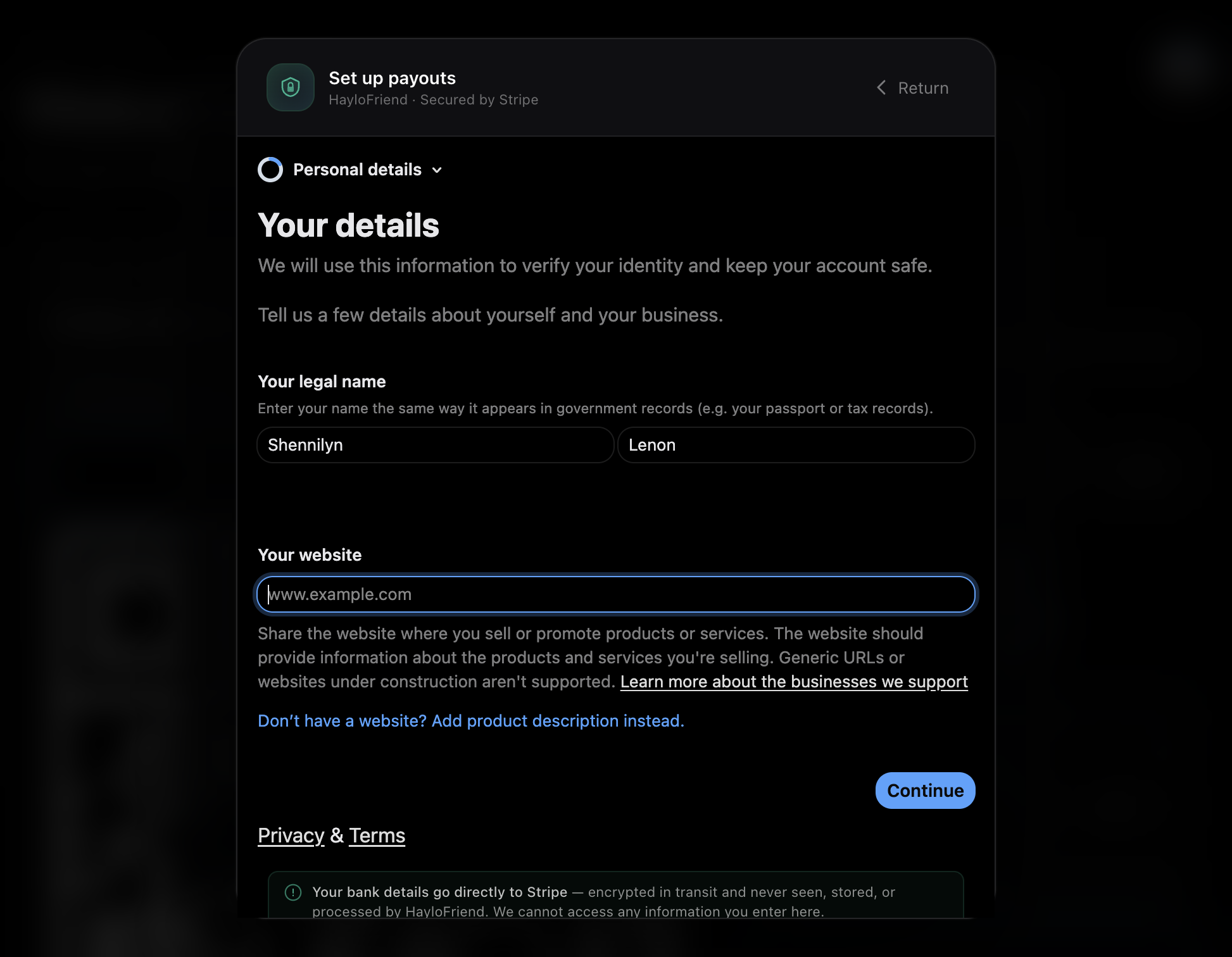 If you choose to add your website, read Stripe's instruction.