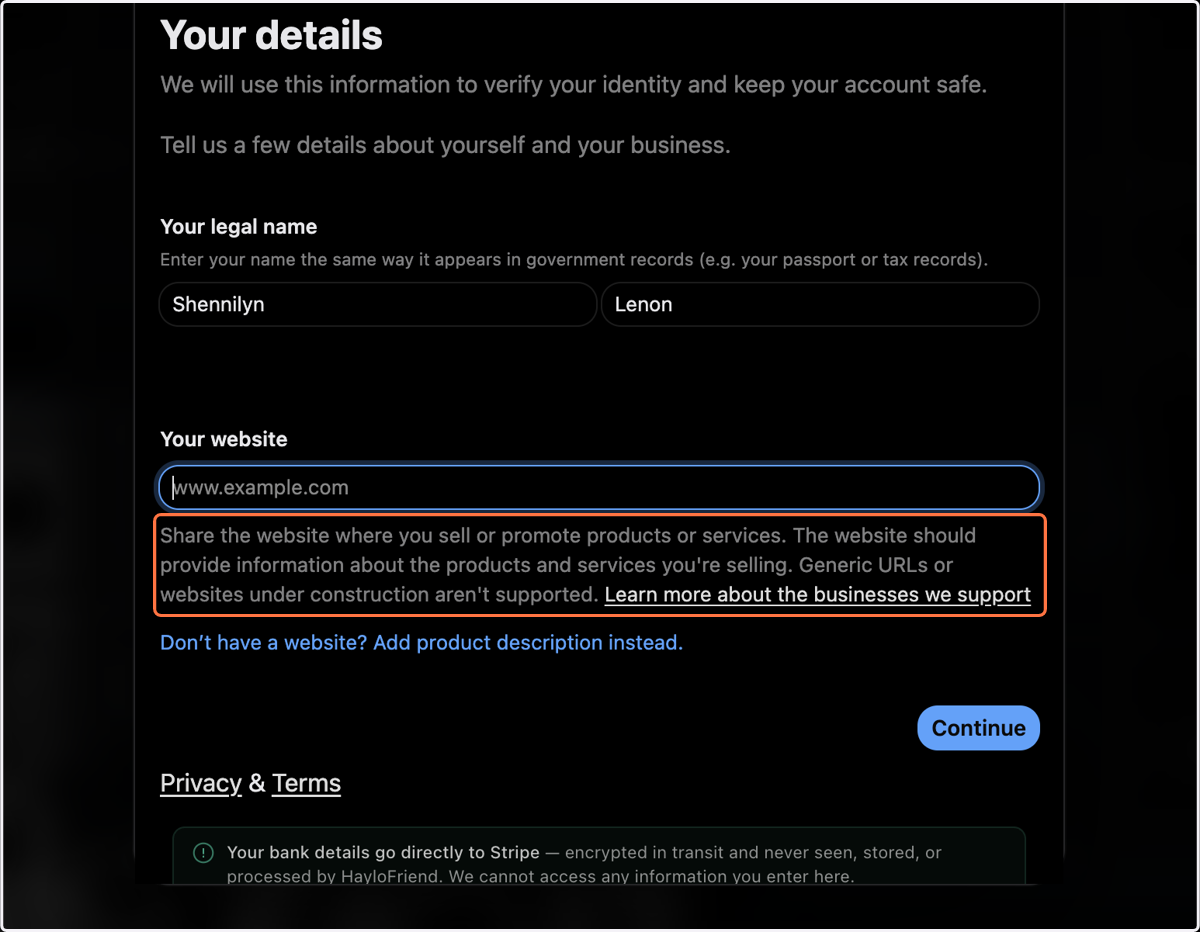 If you choose to add your website, read Stripe's instruction.