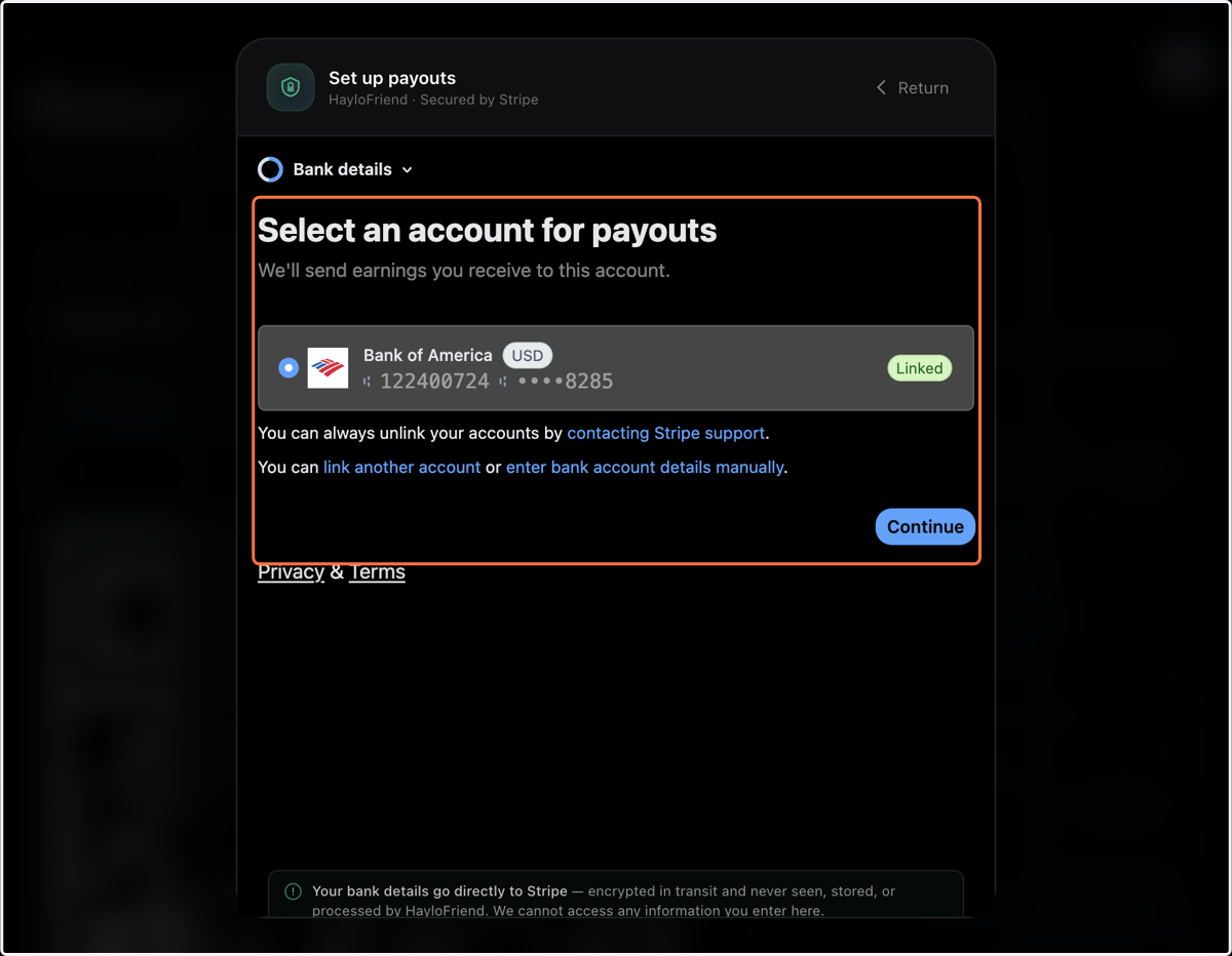 Click on Select an account for payouts…