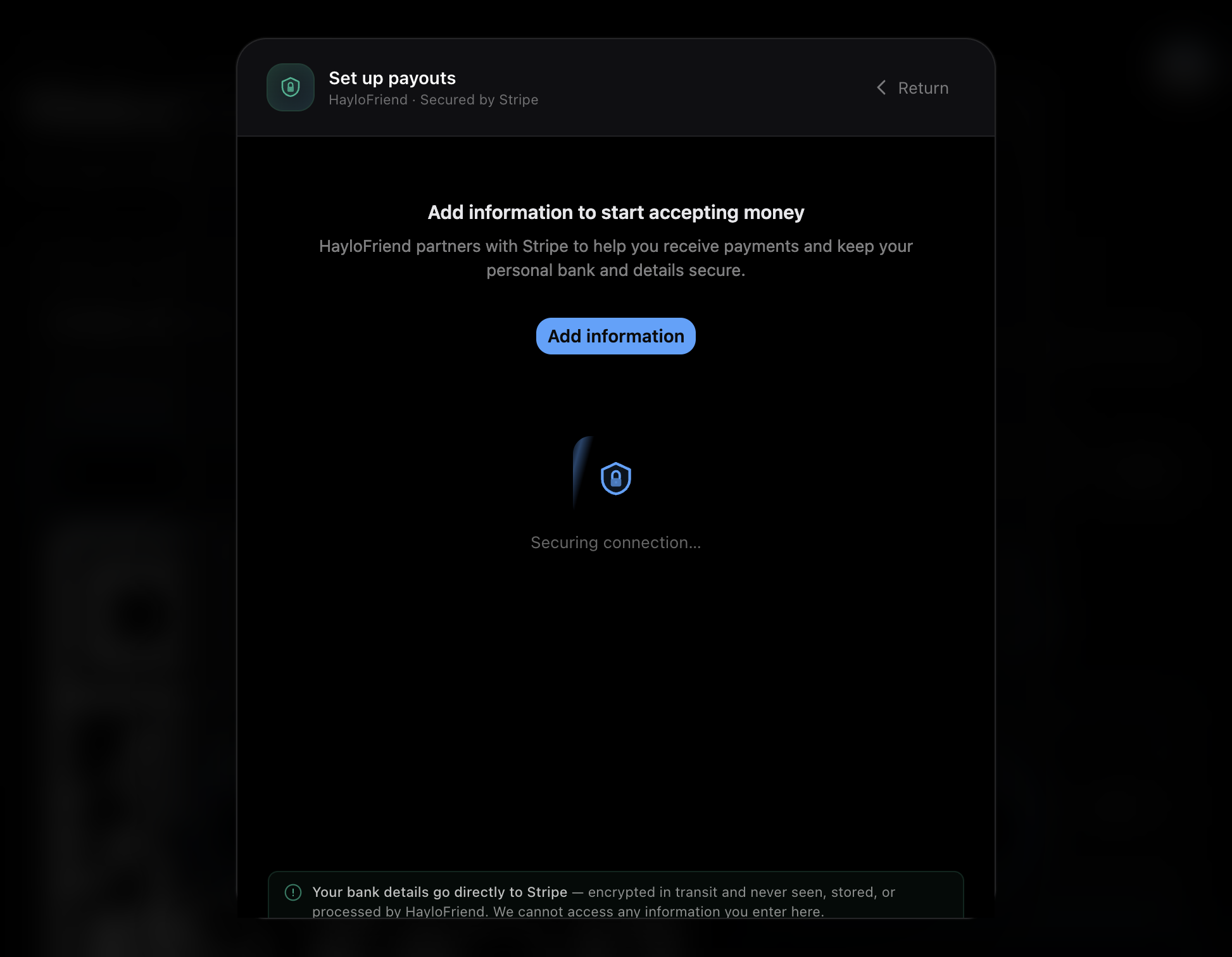 Click on Add information to begin Stripe's onboarding.
