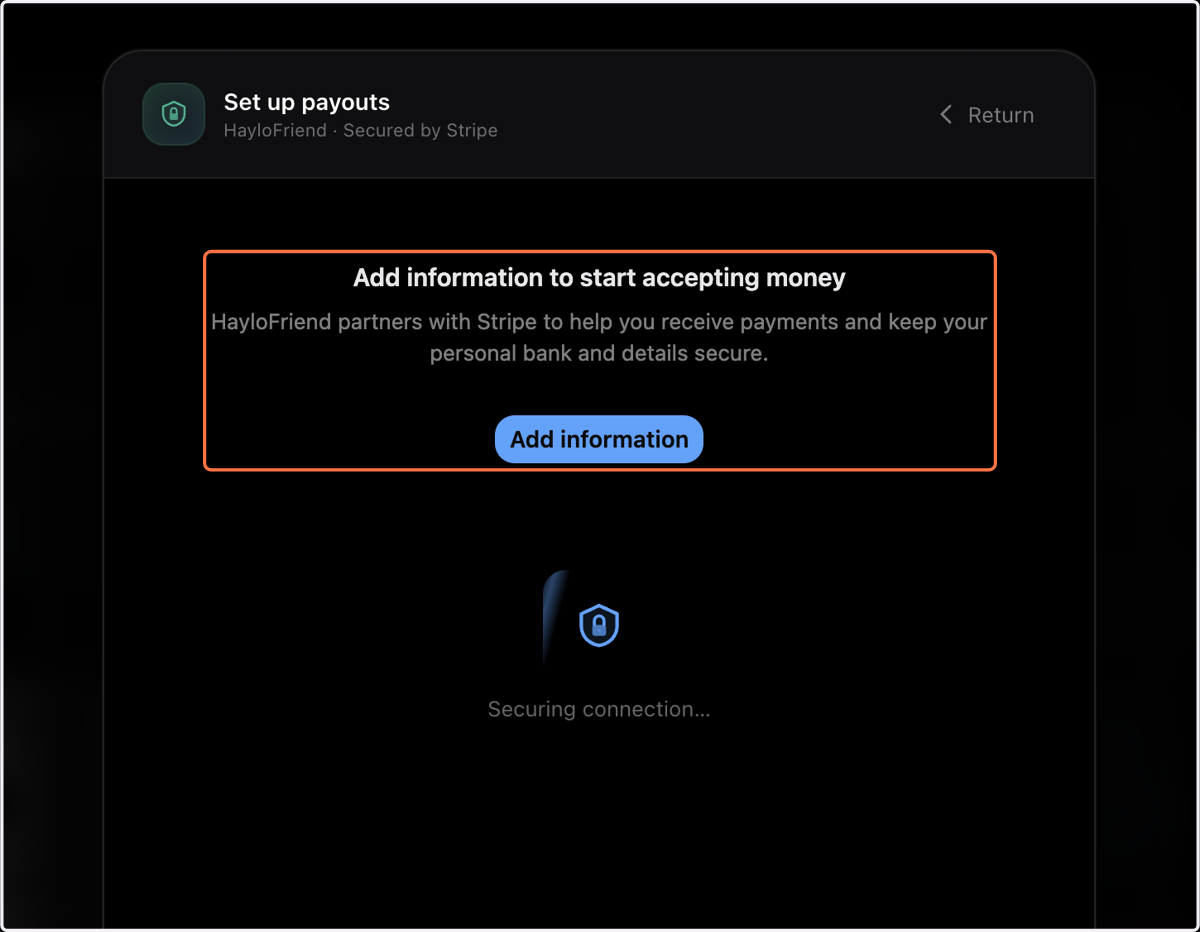 Click on Add information to begin Stripe's onboarding.