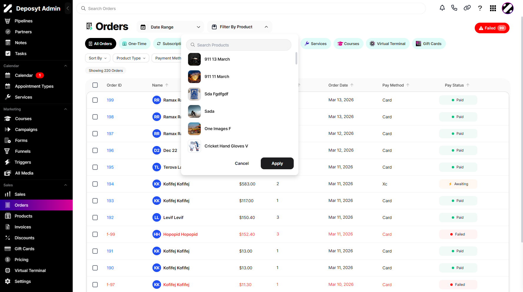 Step 4: A pop-up window will appear, allowing you to choose a product to filter the orders.