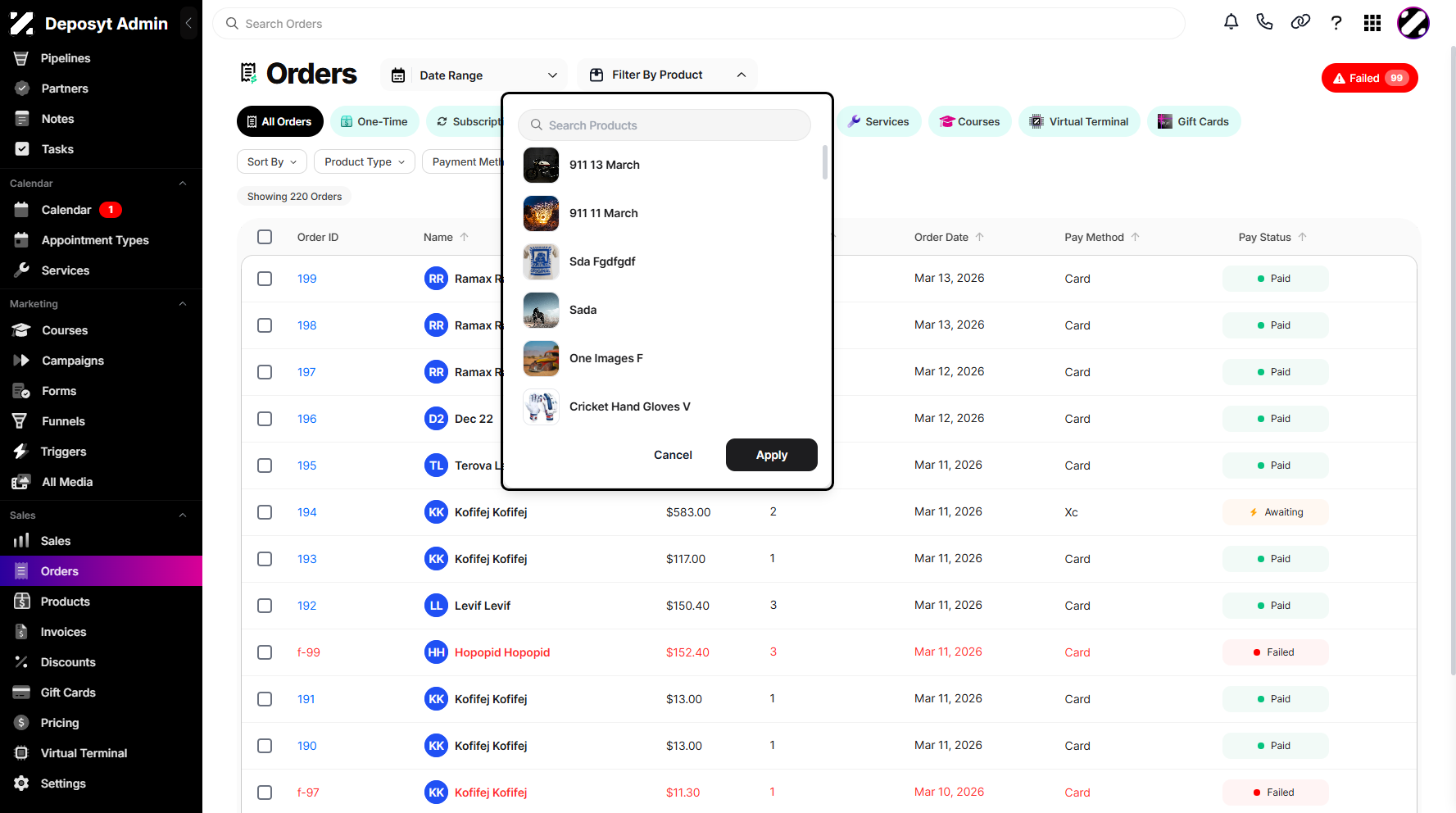 Step 4: A pop-up window will appear, allowing you to choose a product to filter the orders.