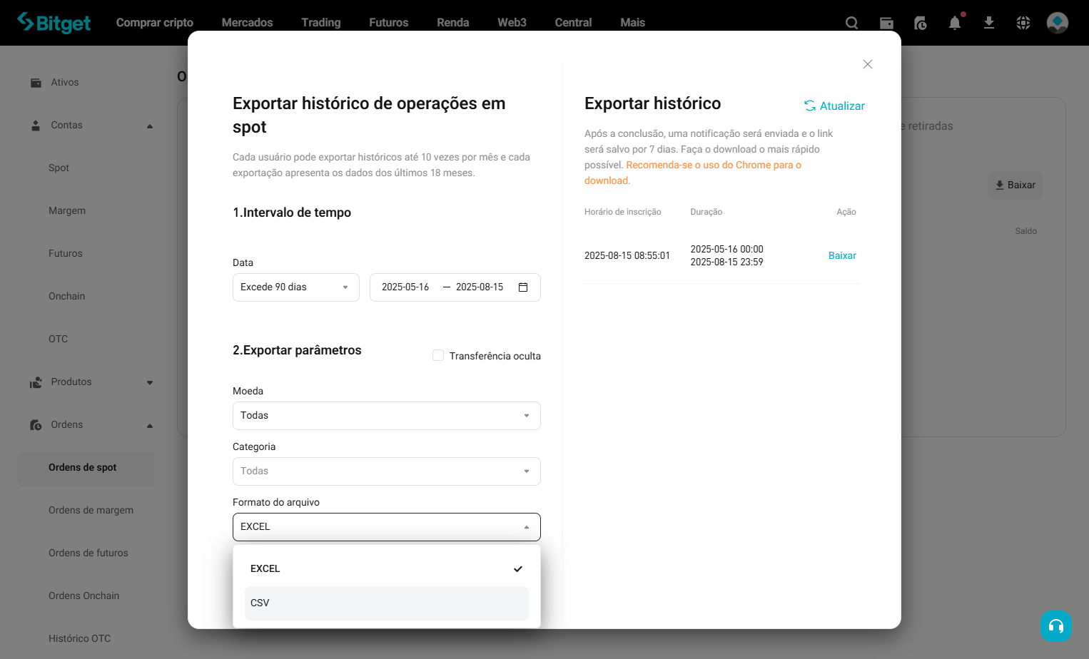 Selecione o formato em CSV