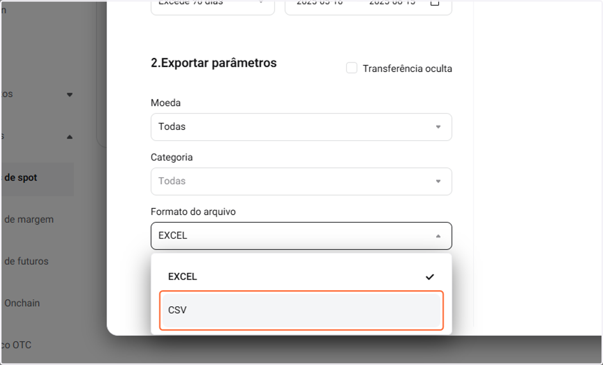 Selecione o formato em CSV