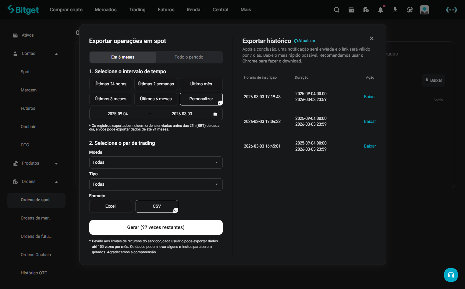 Selecione formato CSV