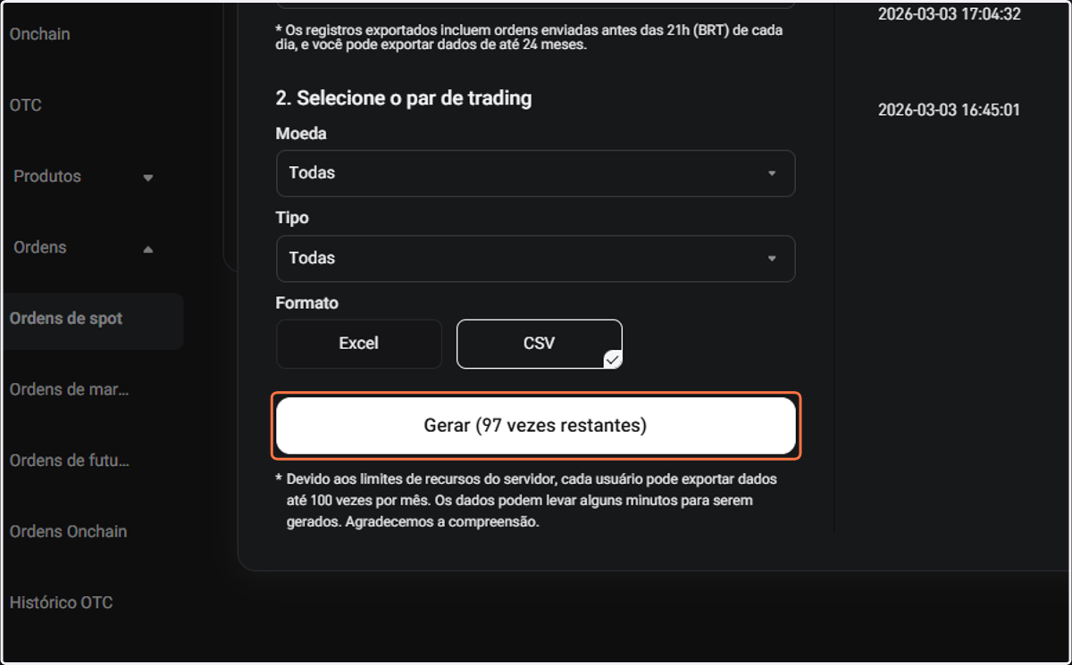 Selecione formato CSV