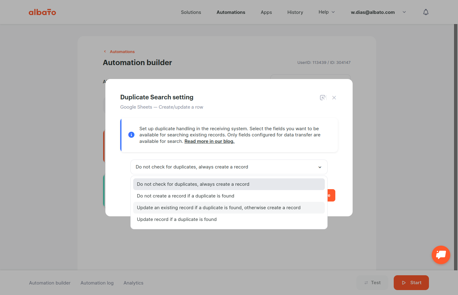 Click on Update an existing record if a duplicate is found, otherwise create a record
