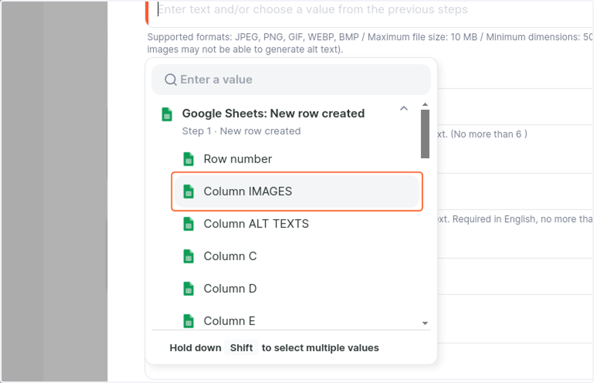 Click on Column IMAGES