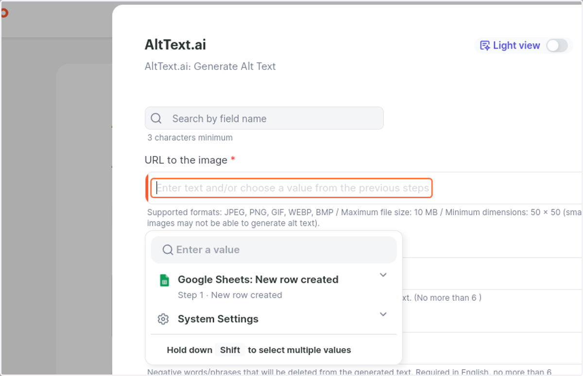 Click on Enter text and/or choose a value from the previous steps…
