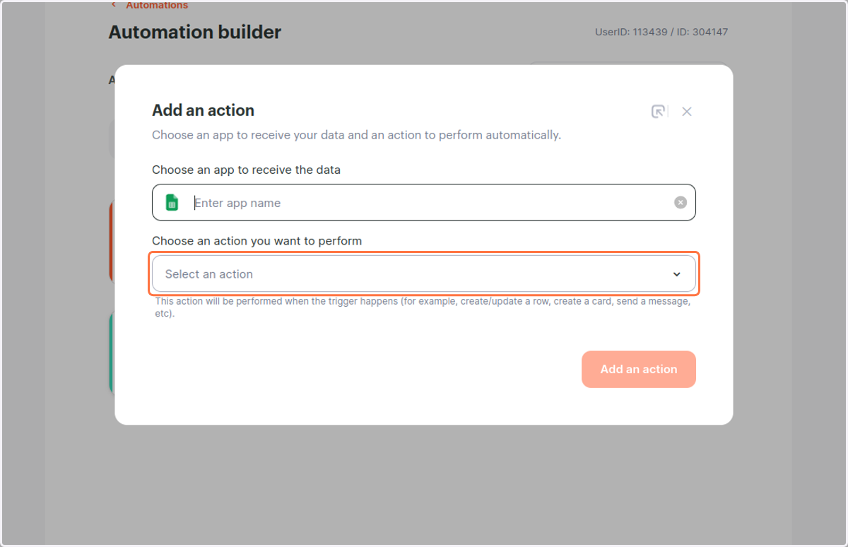 Click on Select an action
