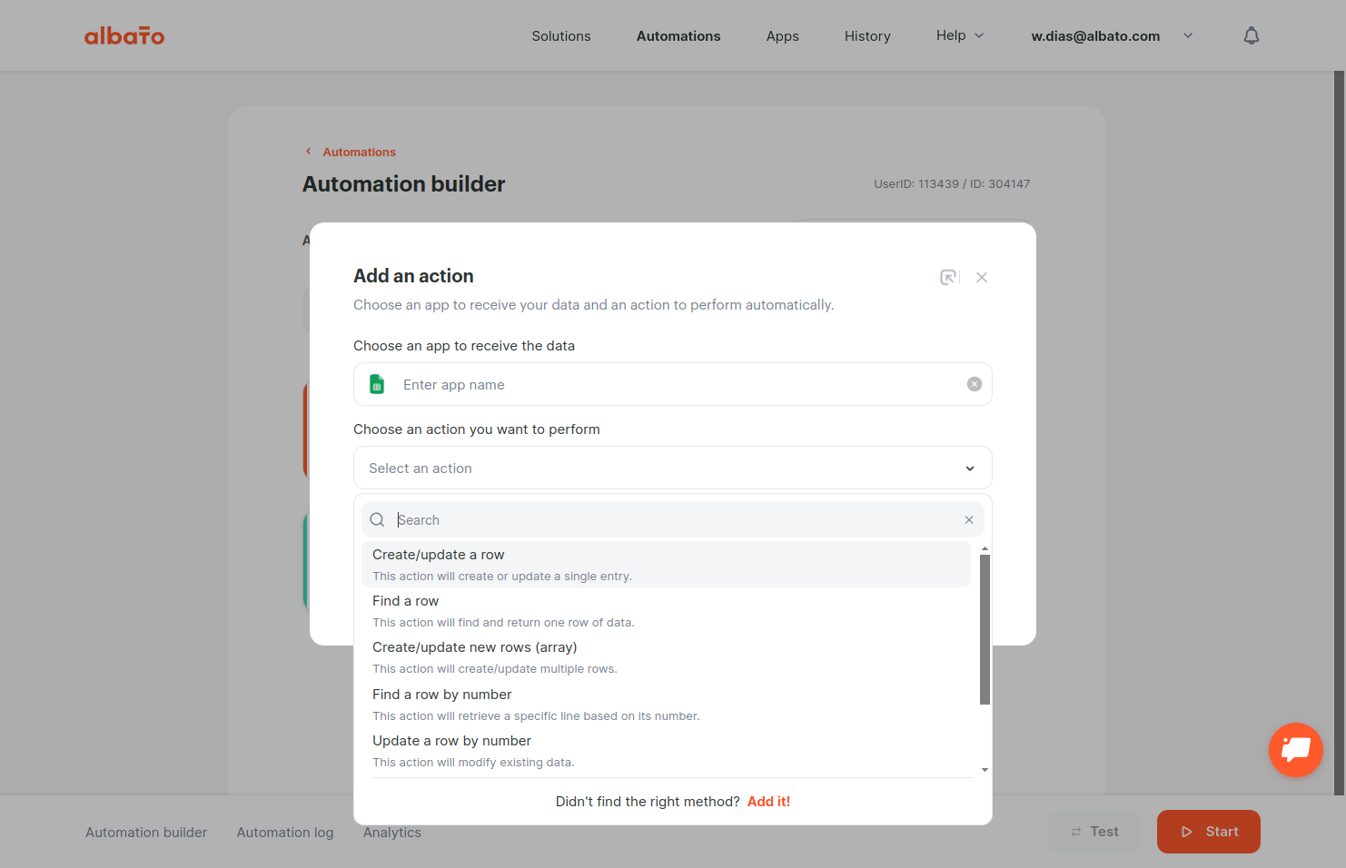Click on Create/update a row…