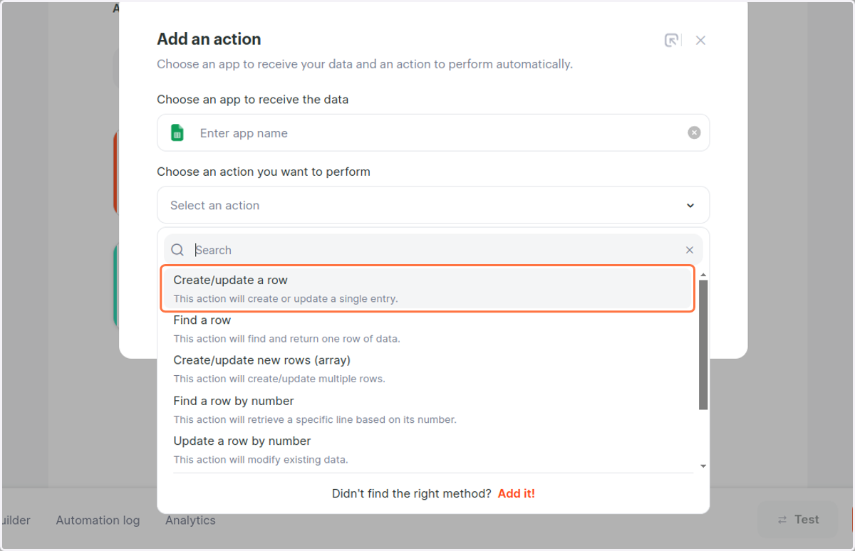 Click on Create/update a row…