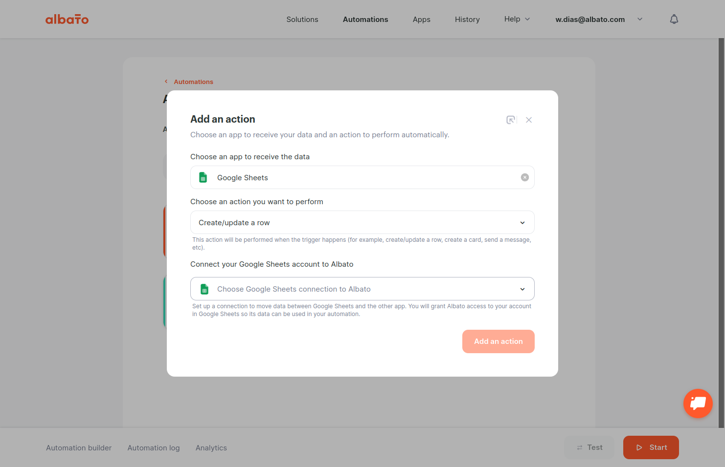 Click on Choose Google Sheets connection to Albato