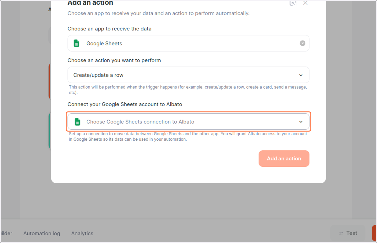 Click on Choose Google Sheets connection to Albato