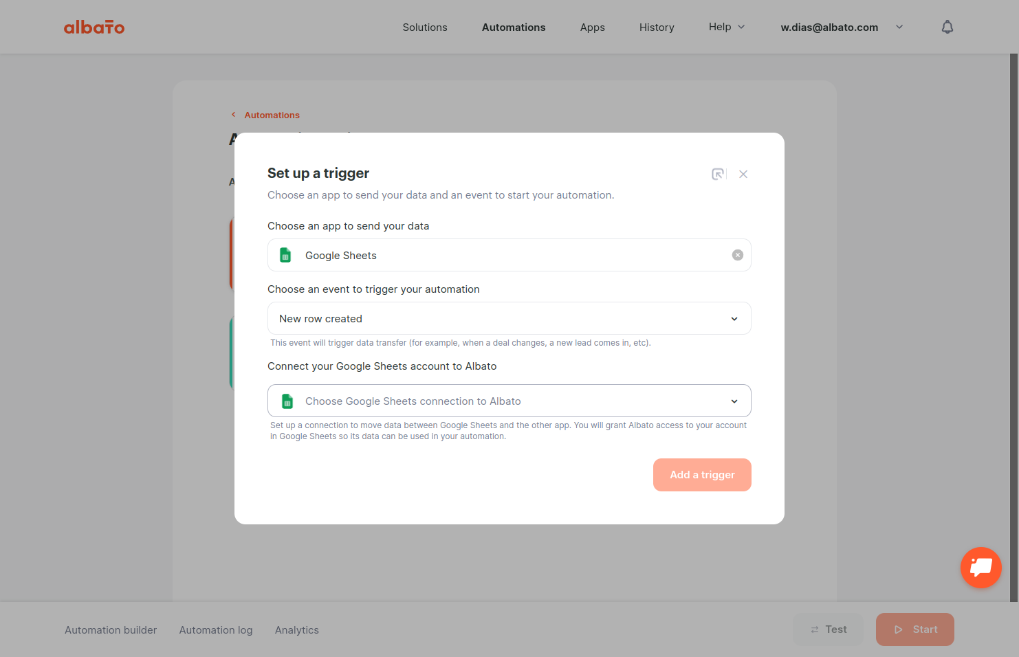 Click on Choose Google Sheets connection to Albato