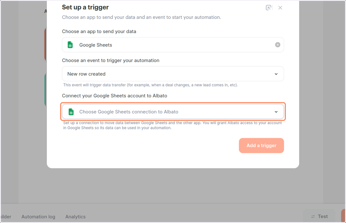 Click on Choose Google Sheets connection to Albato