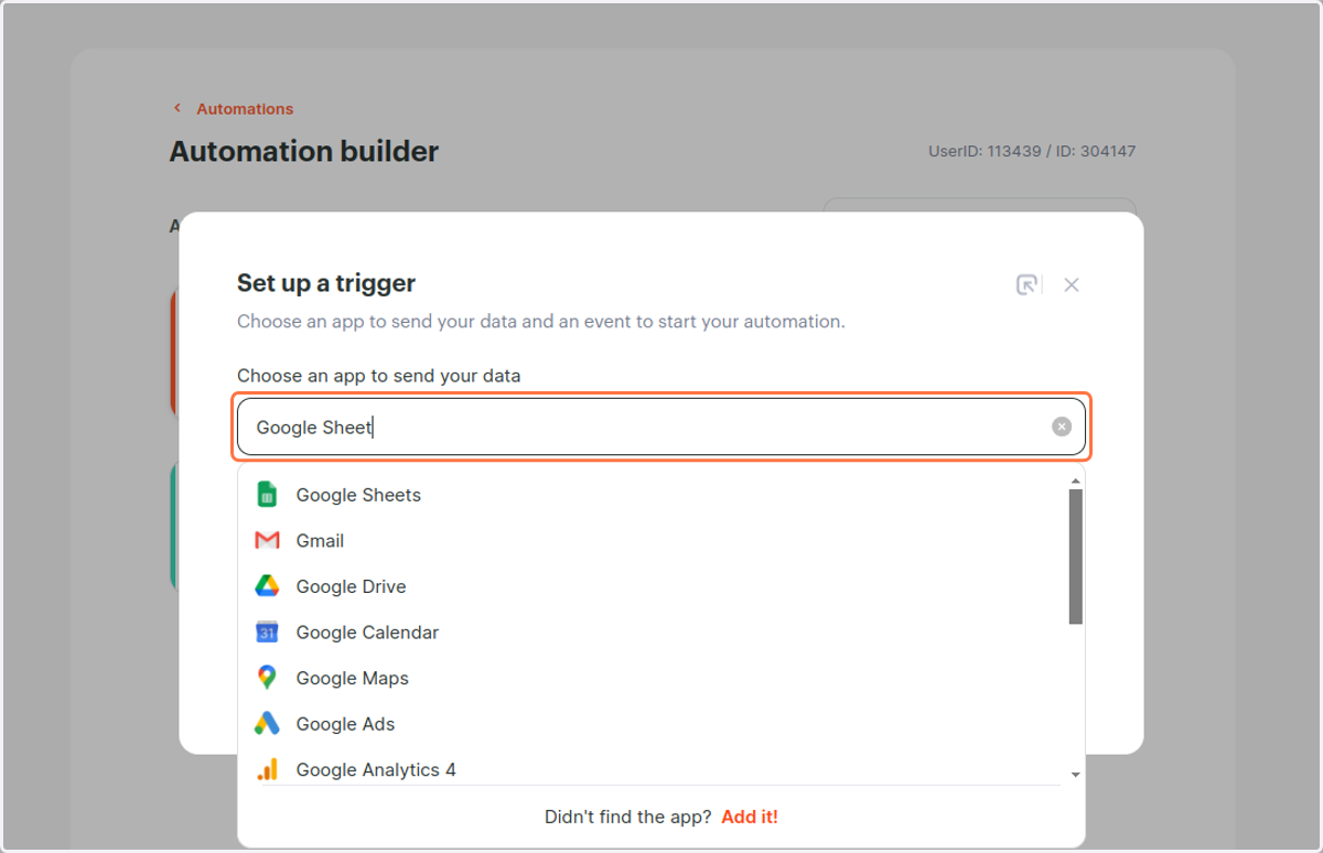Type "Google Sheet"