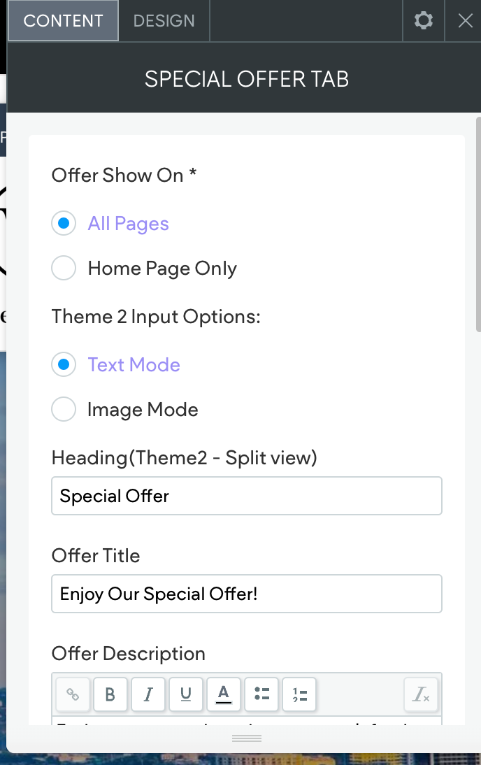 Under this tab, you can specify whether you want the special to appear on all pages or just the homepage.
