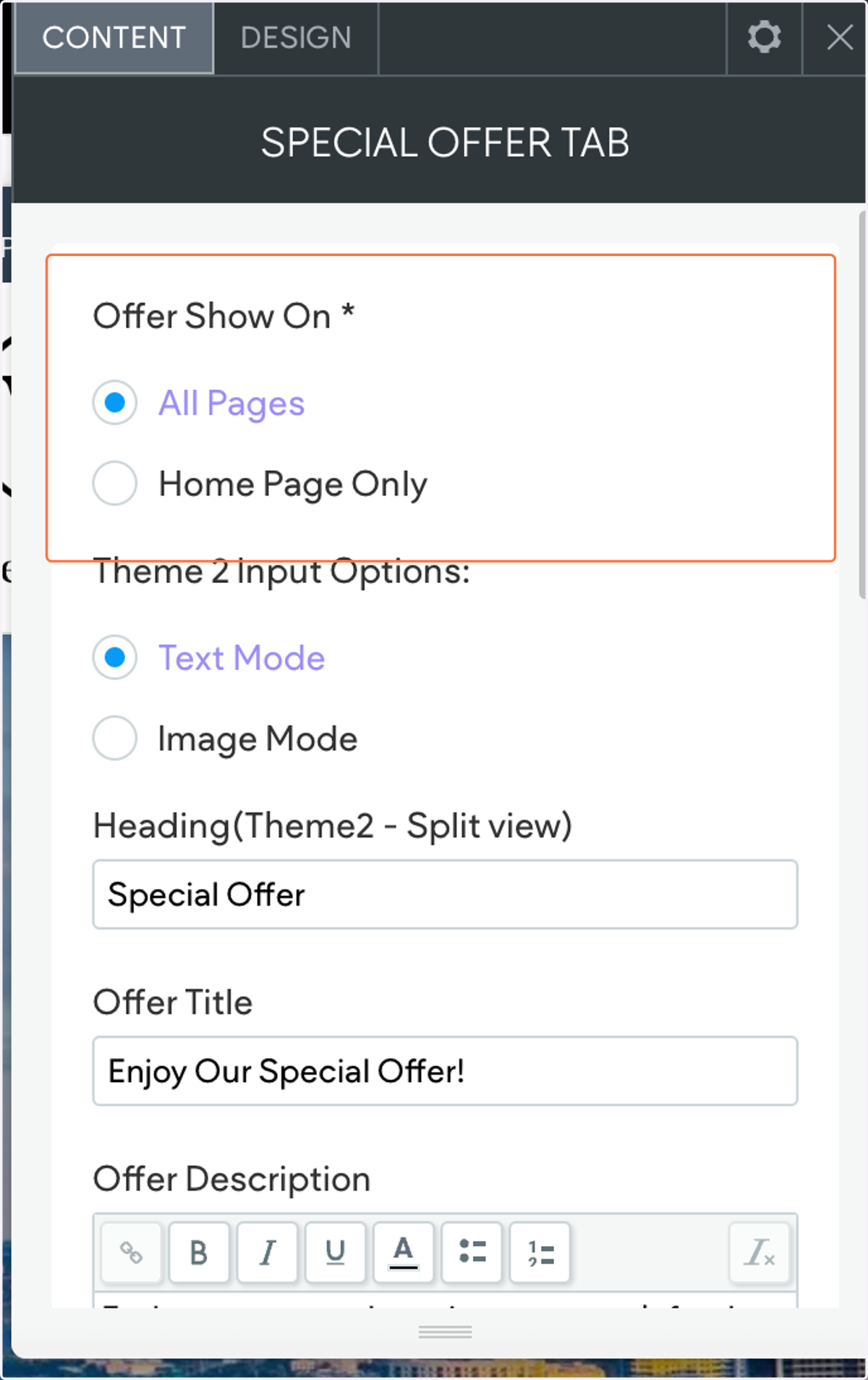 Under this tab, you can specify whether you want the special to appear on all pages or just the homepage.