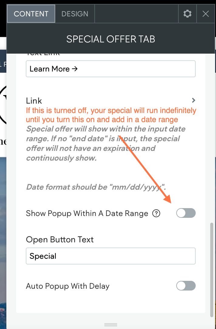 If you don't have an end date for a special, you can turn off the "Show Popup Within A Date Range" setting below to have it displayed on the live site indefinitely.