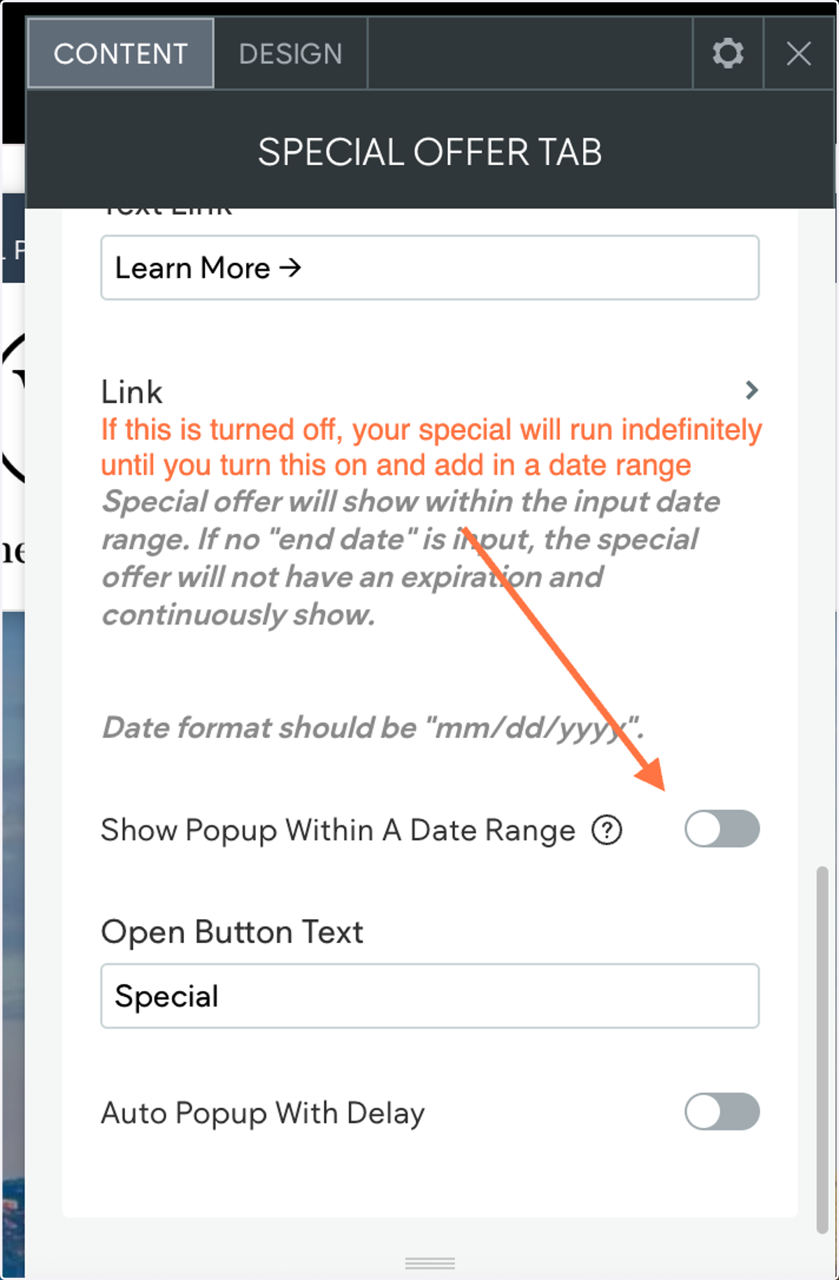 If you don't have an end date for a special, you can turn off the "Show Popup Within A Date Range" setting below to have it displayed on the live site indefinitely.