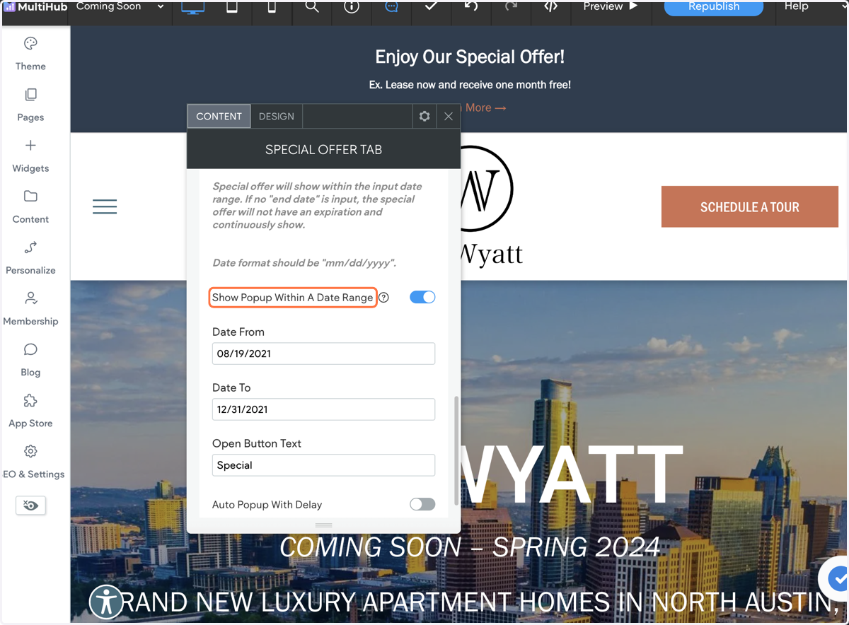 If you scroll down the CONTENT tab further, you'll find the option to adjust the special date range.